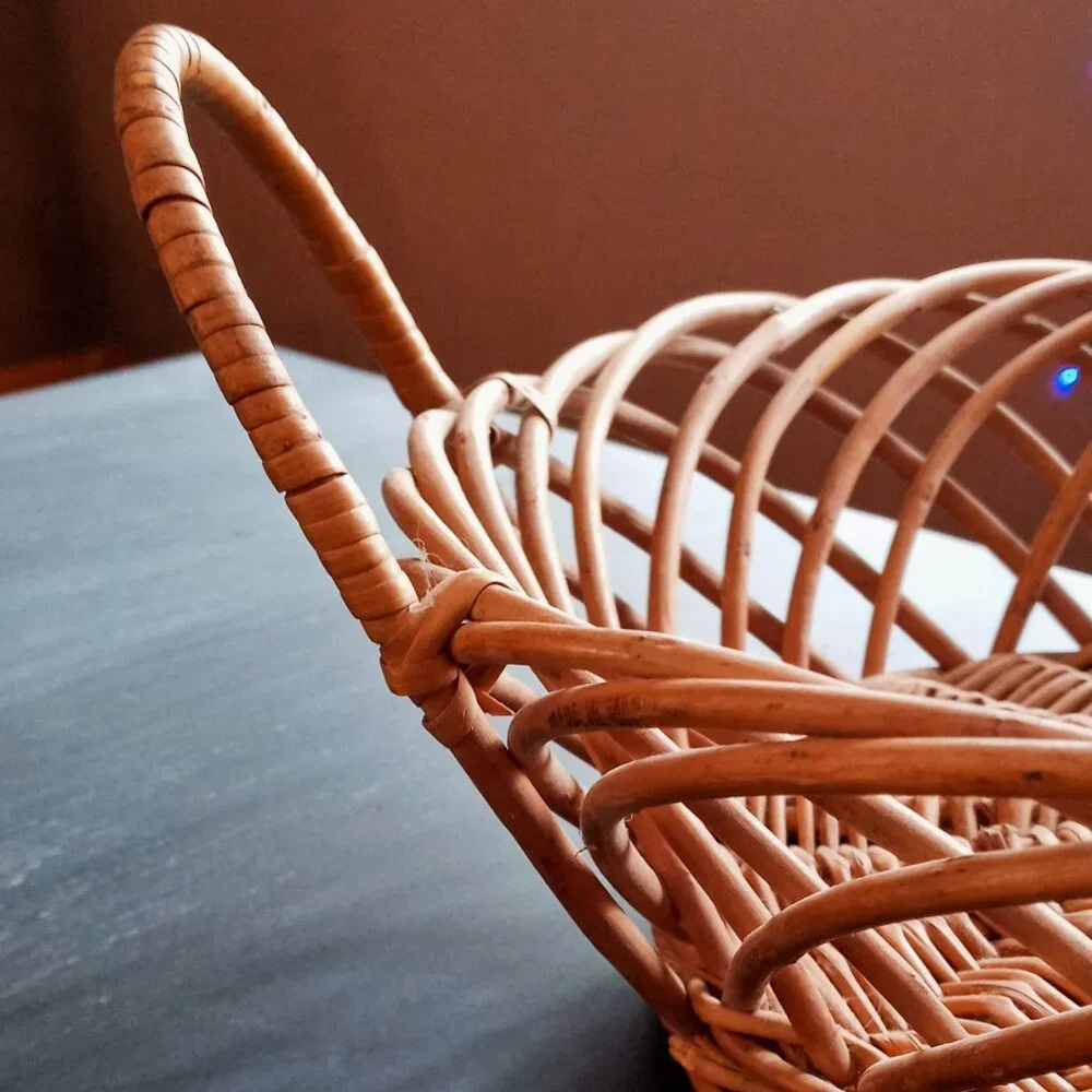 Vintage Boho Chic Wicker Rattan Bowl Basket Farmhouse Rustic Decor w/Handles